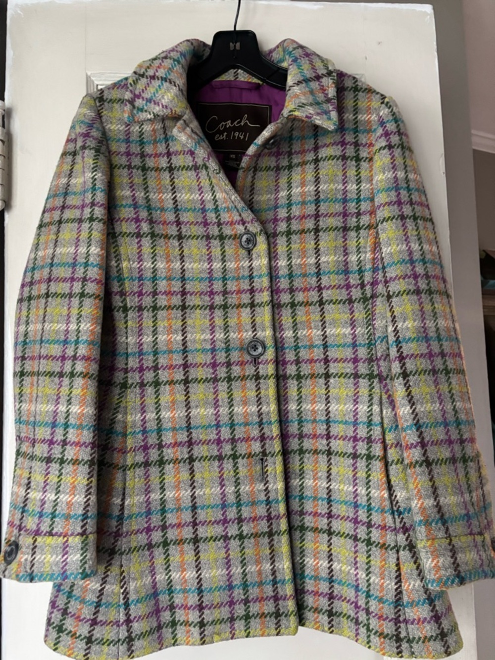 Coach Plaid Wool-Blend Pea Coat. Gray coat with beautiful multi colors.